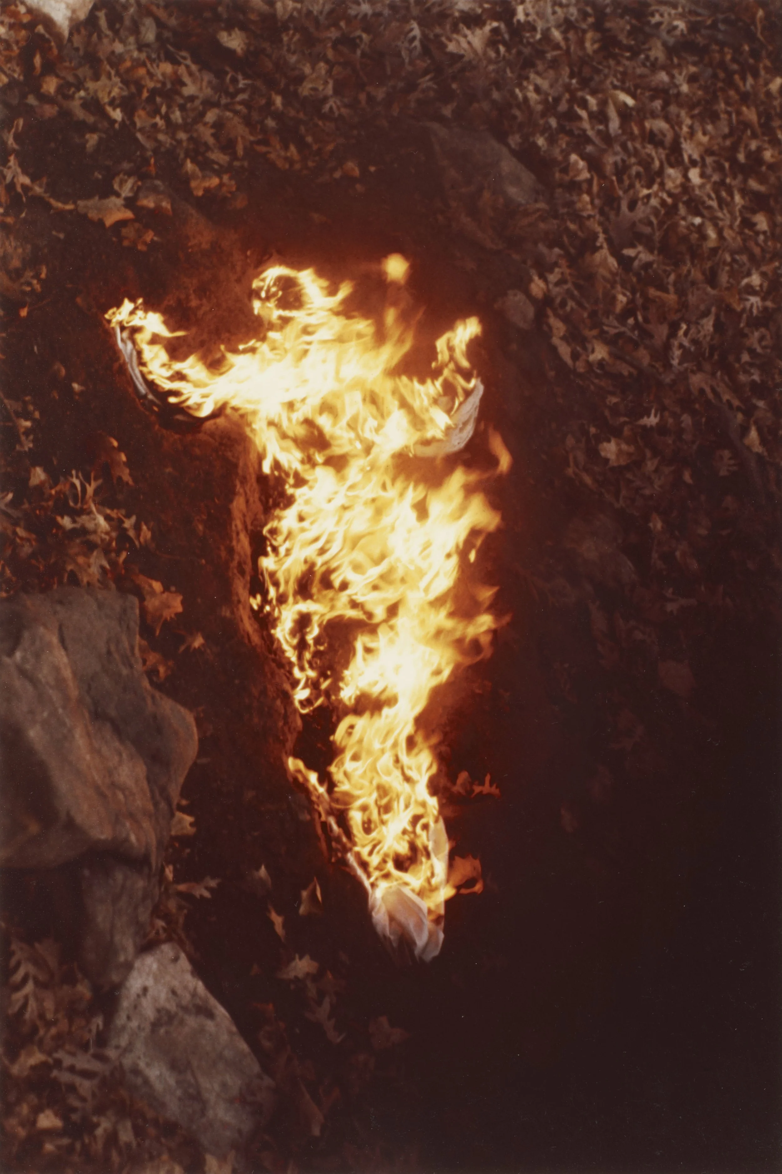 A body-shaped silhouette burning in the earth in Ana Mendieta’s Alma, Silueta en Fuego