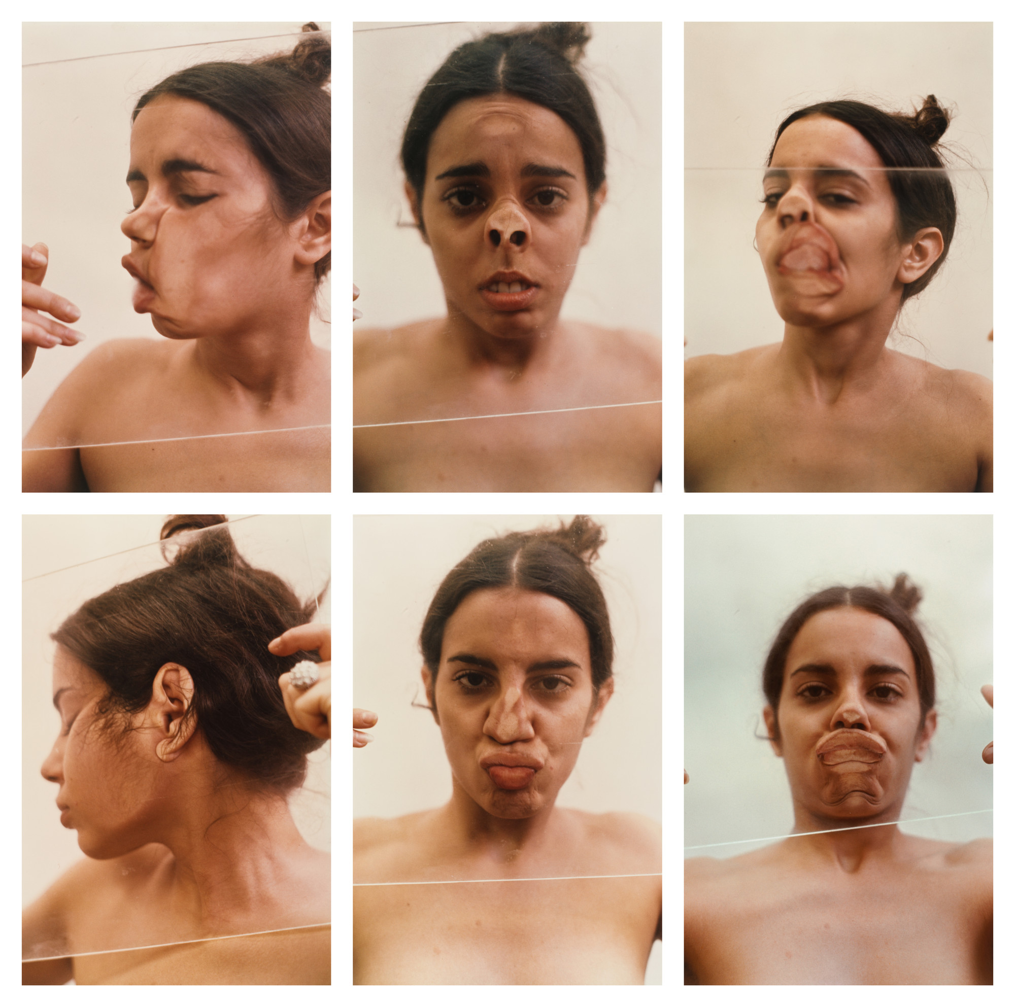 Ana Mendieta pressing her face against glass in a sequence of six photographs